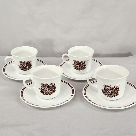 Set of 4 Corelle Batik Coffee Cups & Saucers Vintage Brown Stripes & Flowers - Picture 1 of 6